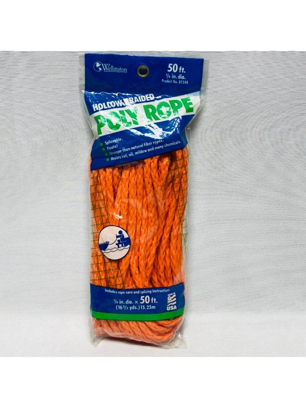 Wellington Hollow Braided Poly Rope 50 Ft Orange Spliceable Floats Durable USA